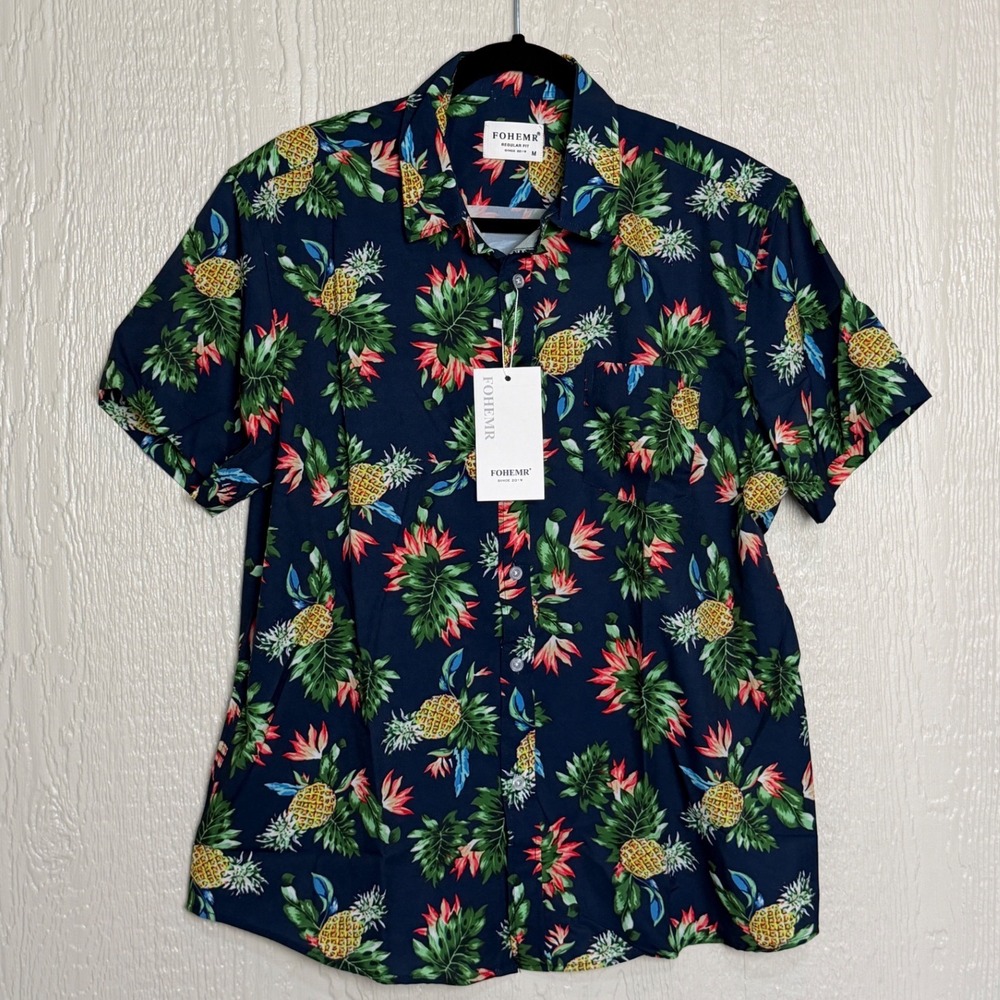 FOHEMR Mens Tropical Pineapple Floral Short Sleeve Button Down Shirt Med NWT's